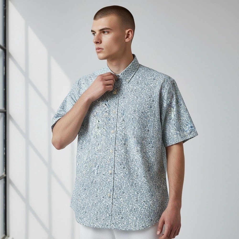 GAP Short Sleeve Shirt Large Blue Floral Stretch Poplin Standard Fit Button Up